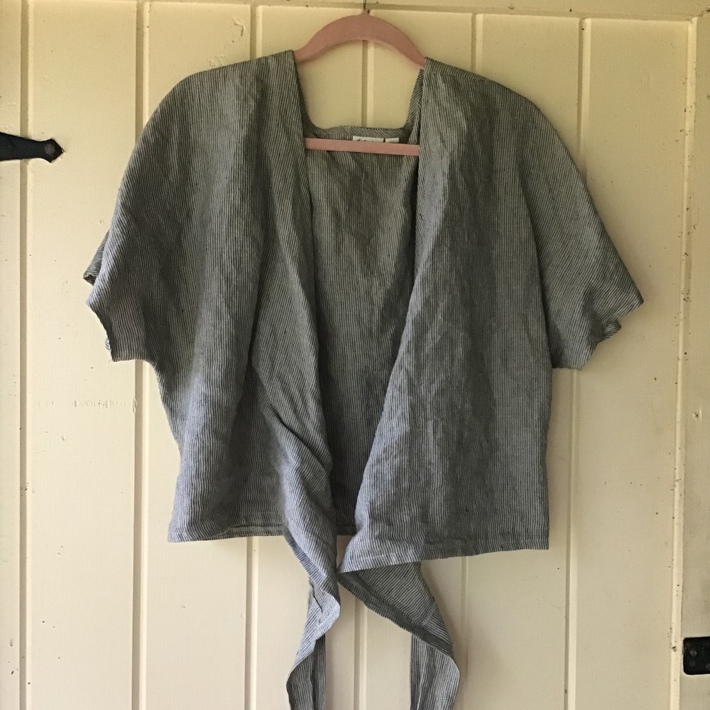 Epic Linen STRIPED 100% linen Goda wrap top blouse m/l